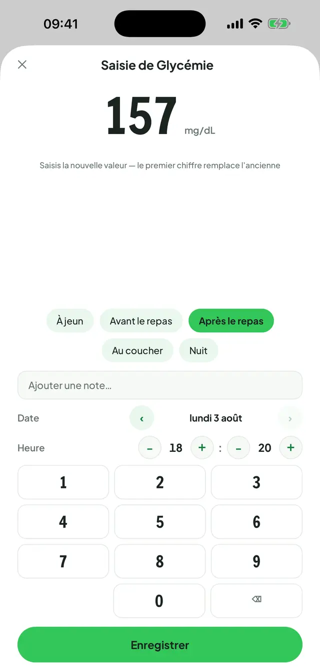 Écran de saisie de glycémie : la valeur en gros caractères avec son unité, en dessous les contextes à jeun, avant le repas, après le repas, au coucher et nuit, le réglage date-heure et le pavé numérique.