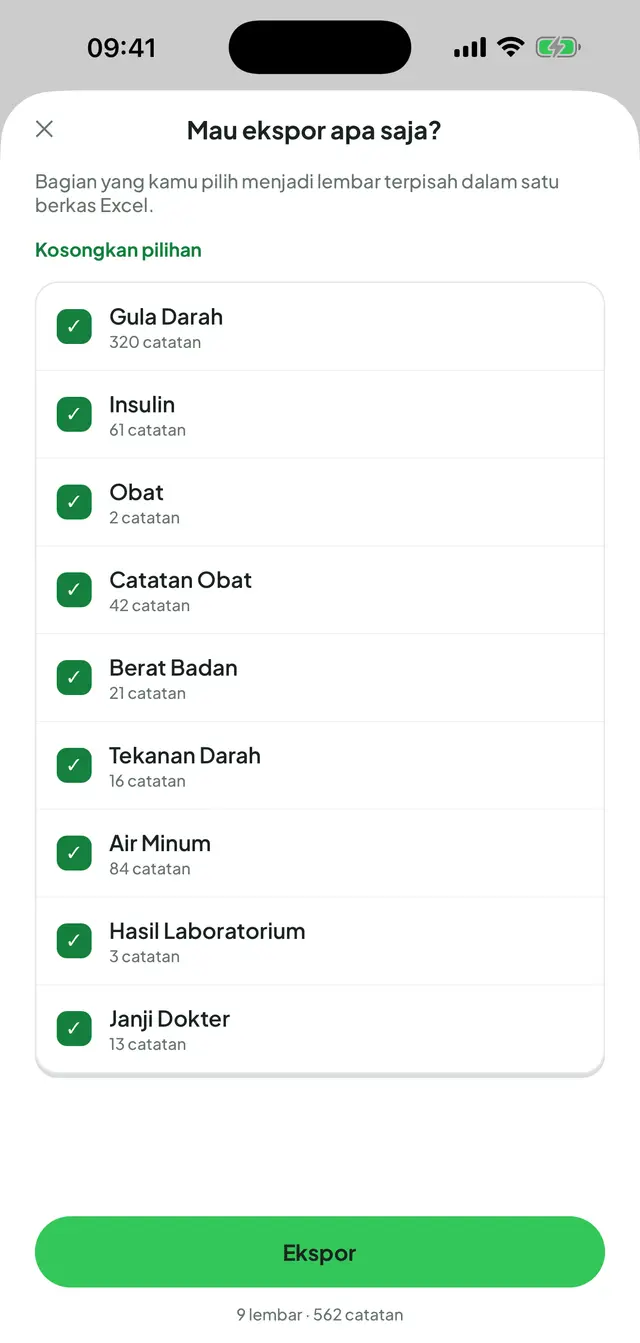 Layar ekspor Excel: daftar bagian tercentang (gula darah, insulin, obat, catatan obat, berat badan, tekanan darah, air minum, hasil laboratorium, dan janji dokter); jumlah catatan tiap bagian, lalu ringkasan total lembar dan catatan.