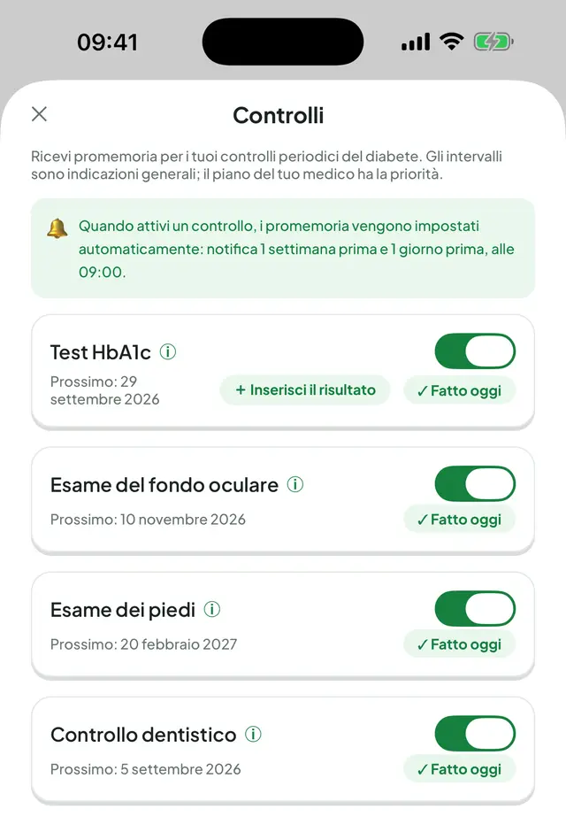Schermata Controlli: un riquadro informativo spiega come vengono impostati i promemoria; sotto, gli interruttori attivi per test HbA1c, fondo oculare, piedi e denti, ognuno con la data del prossimo controllo.
