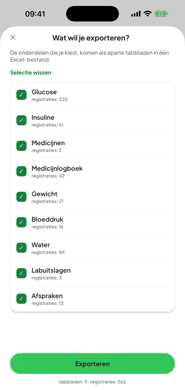 Excel-exportscherm: aangevinkte onderdelen (glucose, insuline, medicijnen, medicijnlogboek, gewicht, bloeddruk, water, labuitslagen en afspraken), elk met het aantal registraties, en onderaan het totaal.