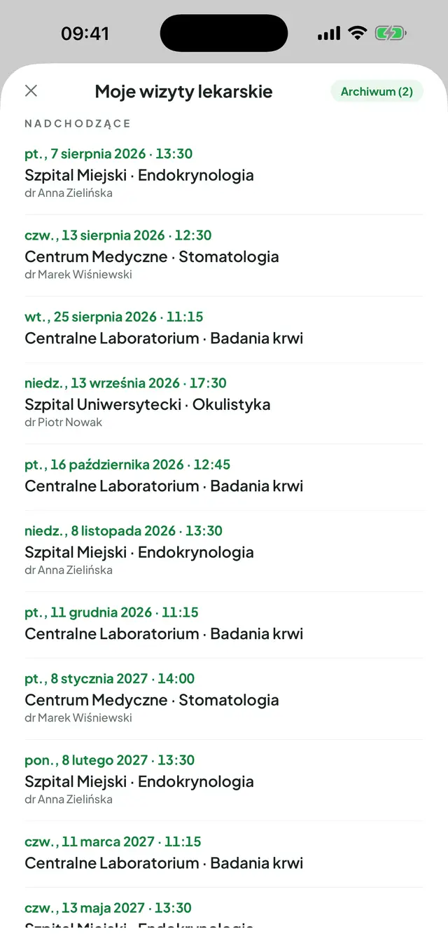 Wizyty lekarskie: odznaka archiwum z liczbą i lista nadchodzących terminów. Data z godziną, placówka z oddziałem, pod spodem nazwisko lekarza.