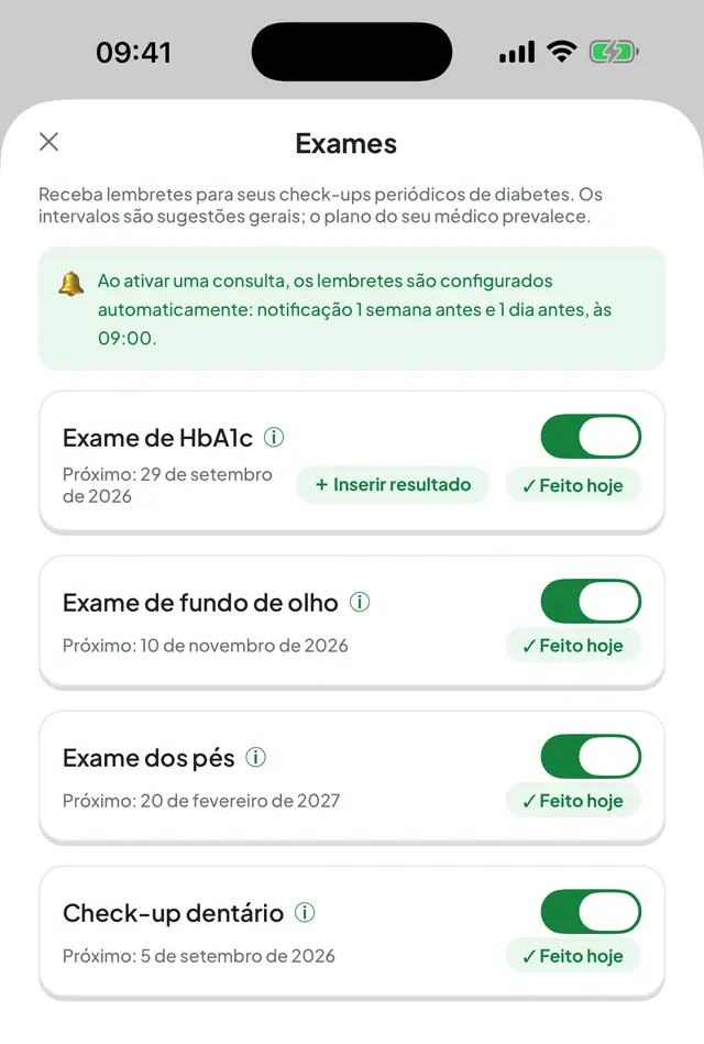 Tela de Exames: uma caixa de informação explicando como os lembretes são configurados e, abaixo, interruptores para exame de HbA1c, fundo de olho, pés e check-up dentário, cada um com a próxima data.