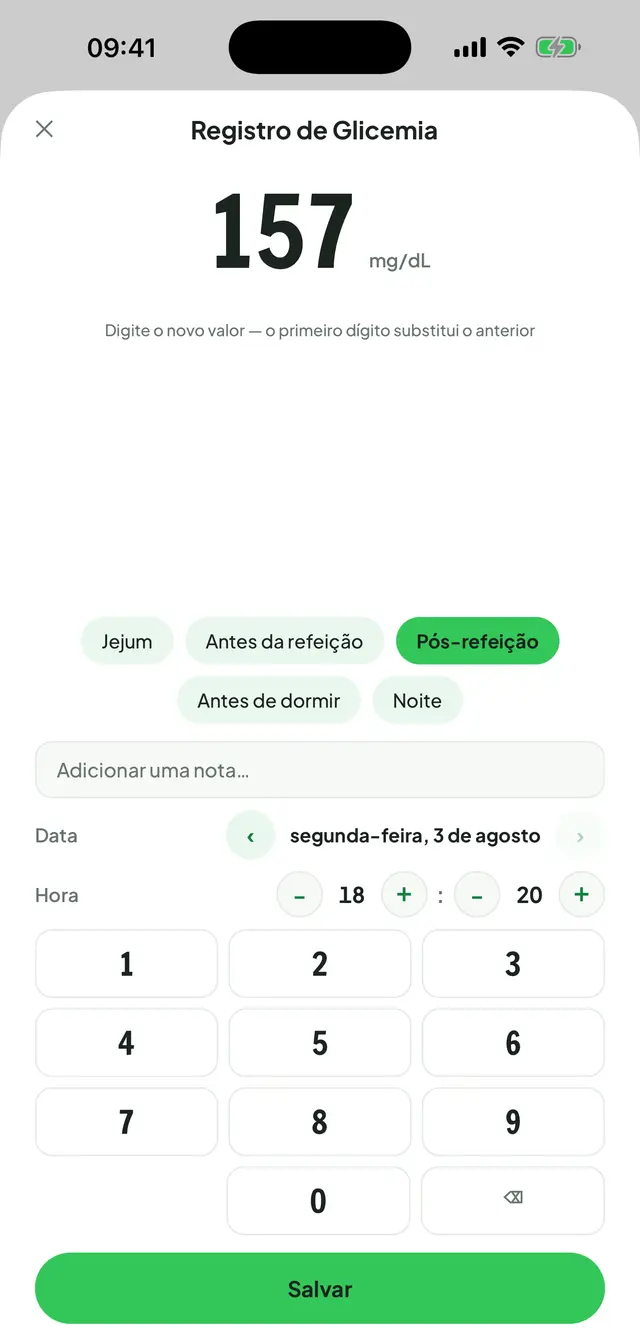 Tela de registro de glicemia: o valor digitado em letras grandes com a unidade e, abaixo, os contextos jejum, antes da refeição, pós-refeição, antes de dormir e noite, o ajuste de data e hora e o teclado numérico.
