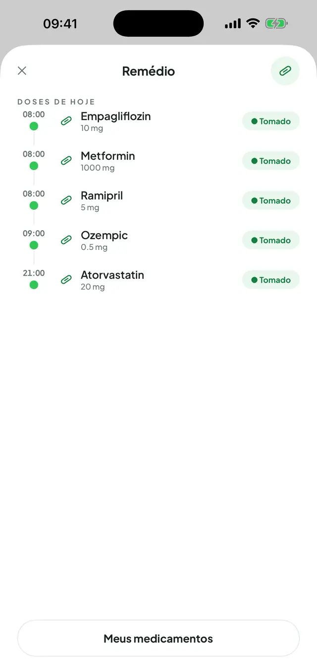 Tela de remédios: as doses do dia listadas com seus horários, cada linha com o nome do remédio, a dose e a marca de tomado; embaixo, o botão Meus medicamentos.