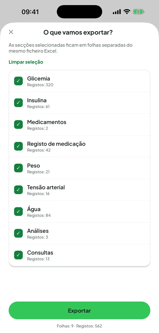 Ecrã de exportação para Excel: as secções assinaladas (glicemia, insulina, medicamentos, registo de medicação, peso, tensão, água, análises e consultas) com o número de registos de cada uma e, em baixo, o total.