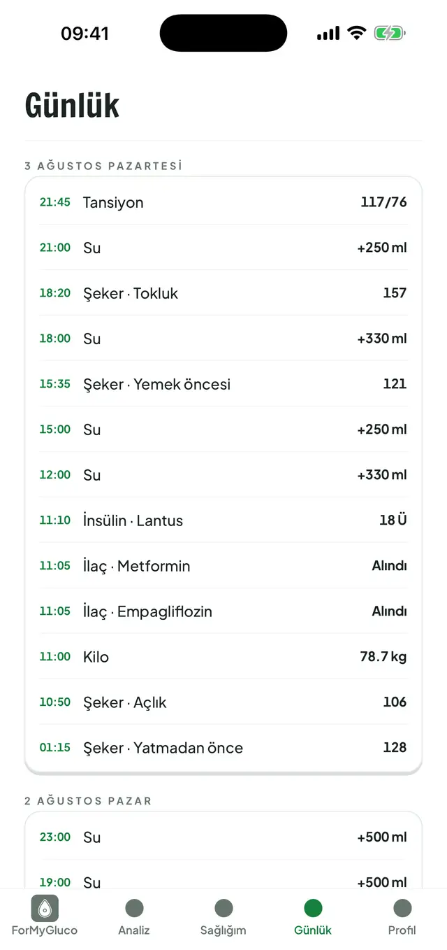Günlük ekranı: gün başlıkları altında saatleriyle sıralı kayıtlar. Tansiyon, su, şeker ölçümleri, insülin dozu ve ilaç alımları tek listede.